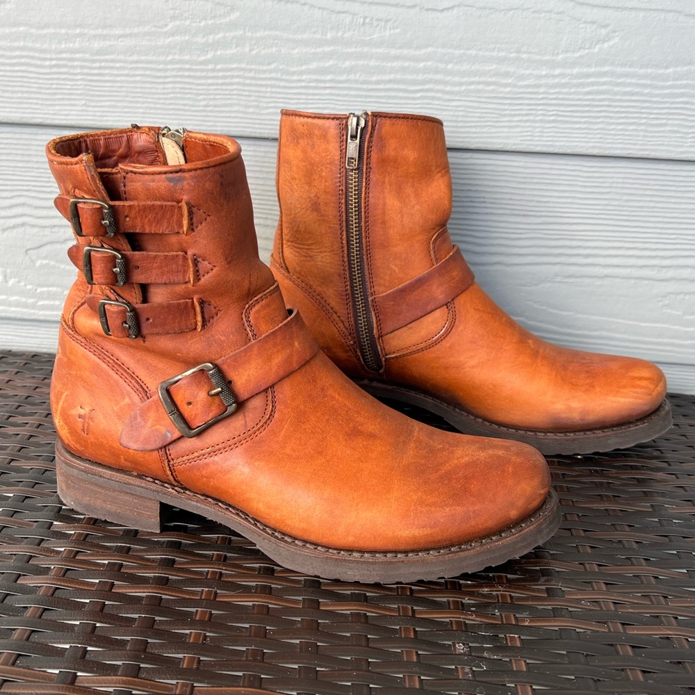 Frye Veronica Cognac Leather Buckled Moto Ankle Boot